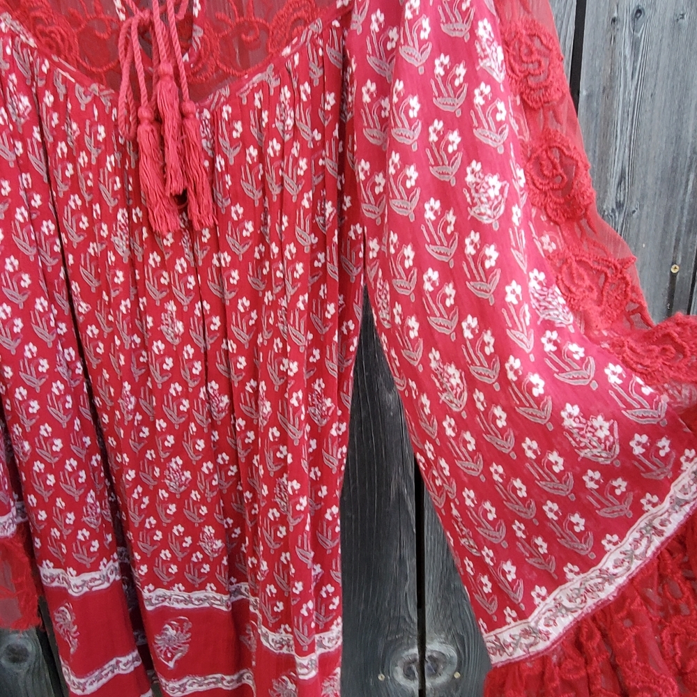 Free People Red Flowal Flowy Tunic Dress - Picture 3 of 7